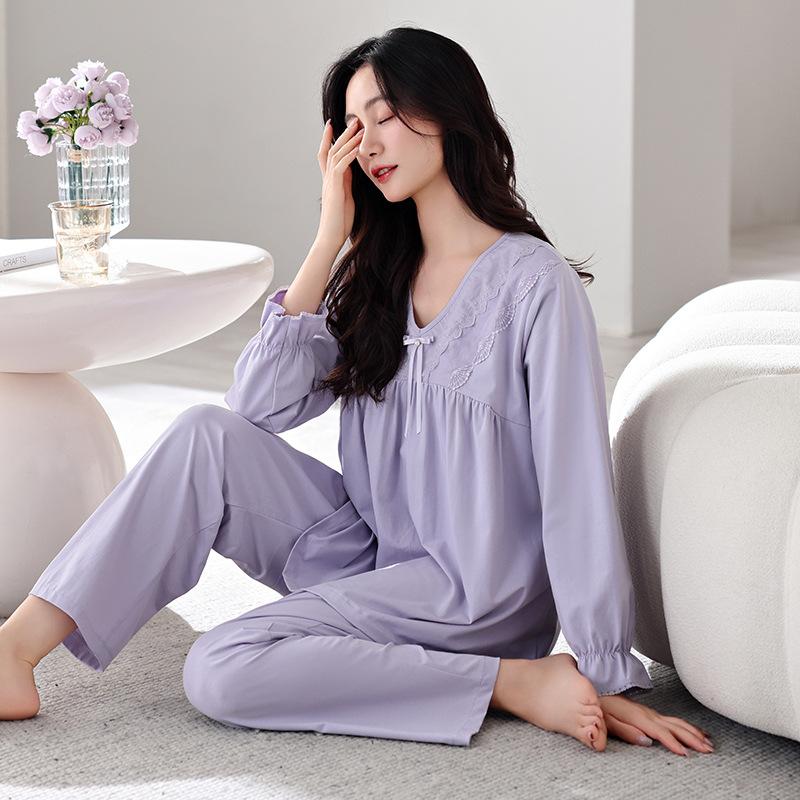 Women'S Pajamas With Chest Pads, Spring And Autumn Cotton Long-Sleeved Suits Can Be Worn Outside Pullover Loungewear
