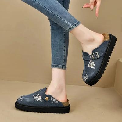 Women's Sandals Slippers Fashion Street Shoes Flat Bottom Baotou Buckle Strap BeachDenim Slippers with Thick Soles Sandals