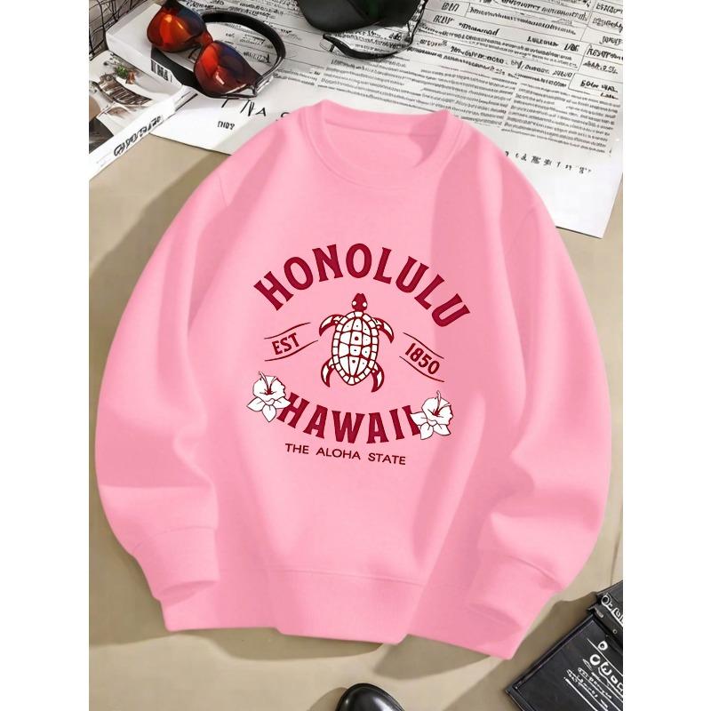 European Size Hawaii Sea Turtle Floral Print Pullover - Casual Loose Fit Crewneck Sweatshirt, Aloha State Established 1850 Spring,Autumn Outerwear 110