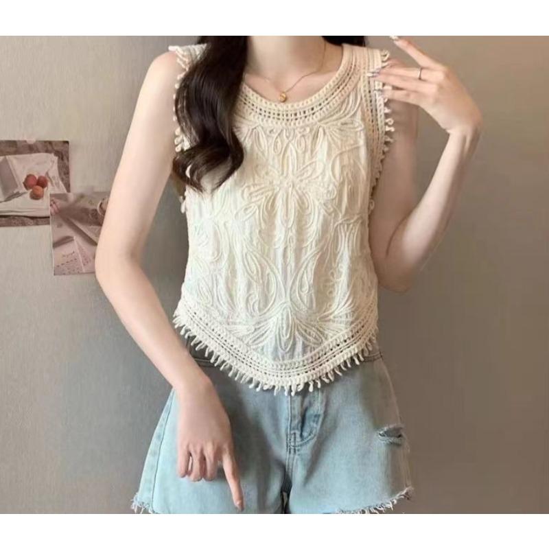 French Fringed Jacquard Knitted Vest Women's Summer Bohemian Style Outside Temperament Short Top Boho Romantic Waist Lifting Cropped Tank Top