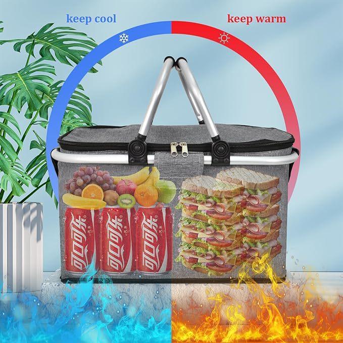 Outdoor Thermal Insulation Basket Aluminum Foil Thickened Picnic Basket Oxford Cloth Folding Picnic Bag Thermal Insulation Ice Pack Camping Storage