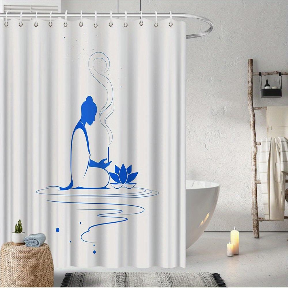 Meditative Pose Shower Curtain, Blue Monochrome Lotus Flower Design, Reflective Calm Theme, Fade-Resistant, Stylish Bath Decor
