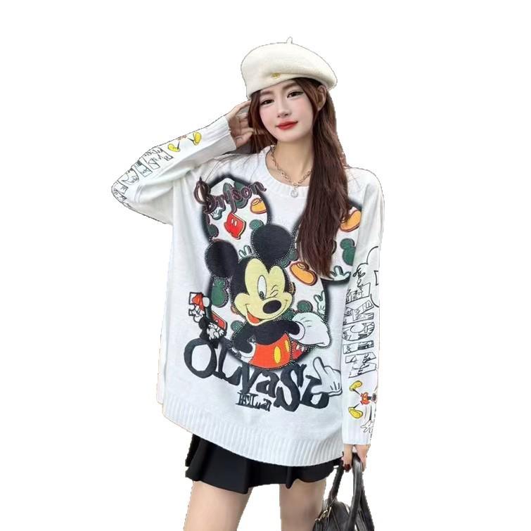 Women's Cute Korean Cartoon Rhinestone Round Neck Sweater - Loose Fit, Long Sleeve Knitwear for Autumn/Winter