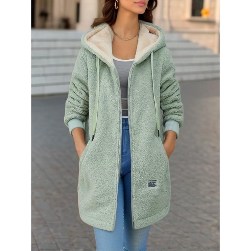 Thick Medium Long Lambskin Hoodie with Added Fleece Women's Autumn Winter Embroidered Letter Zipper Jacket