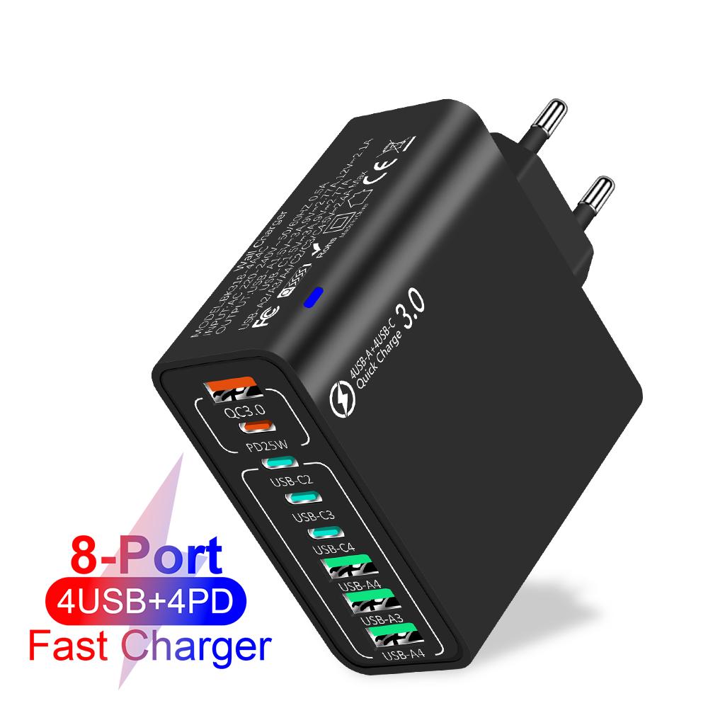 Wall Adapter 8 Ports 4USB 4 Type-c Charger PD QC3.0 USB Fast Charging Mobile Cell Phone Quick Charge for  Xiaomi Samsung
