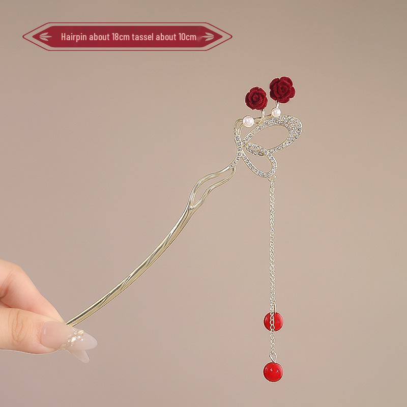 Elegant Red Rose Tassel Hairpin - U-shaped Hair Accessory for Women, Perfect for Updos and Traditional Attire.