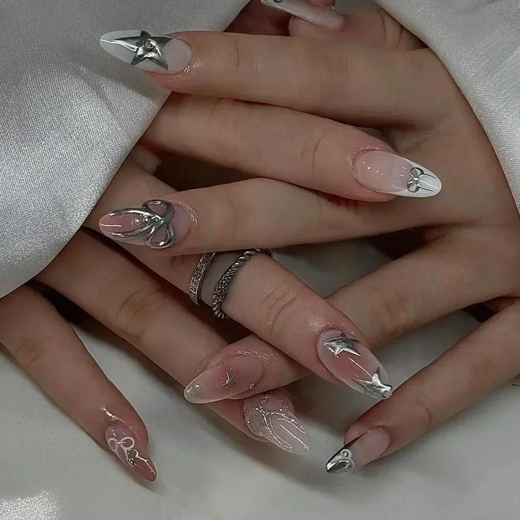 24Pcs Pink Almond False Nails Butterfly Ballet with French Design Wearable Fake Nails Simple Artificial Press On Nails Tips Art