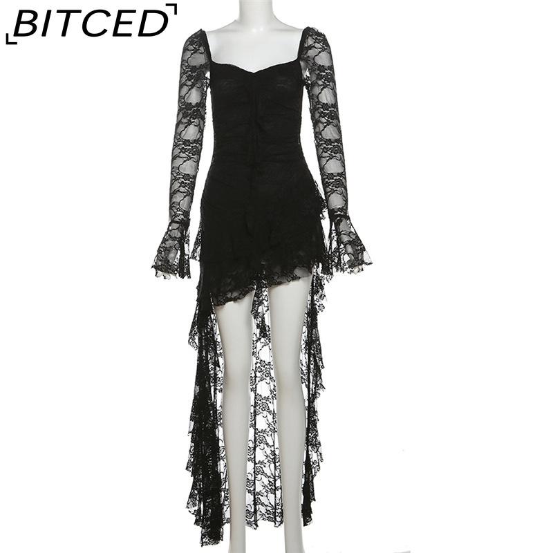 BITCED Autumn Women's Solid-Colour High-Waisted Fashion Square-Neck Long-Sleeved Lace-Panel Dress