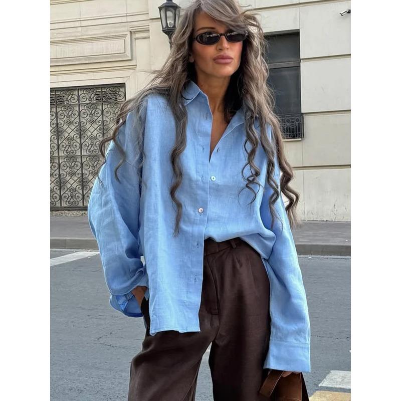 Autumn thin fashion all-match ladies casual button-down shirt, lazy fashion casual solid color simple loose shirt