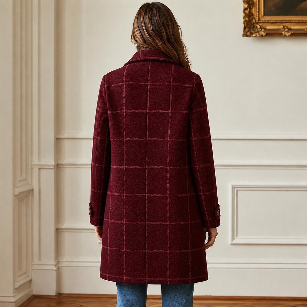 Women's Retro Plaid Casual Mid-Length Wool Coat with Lapel Collar