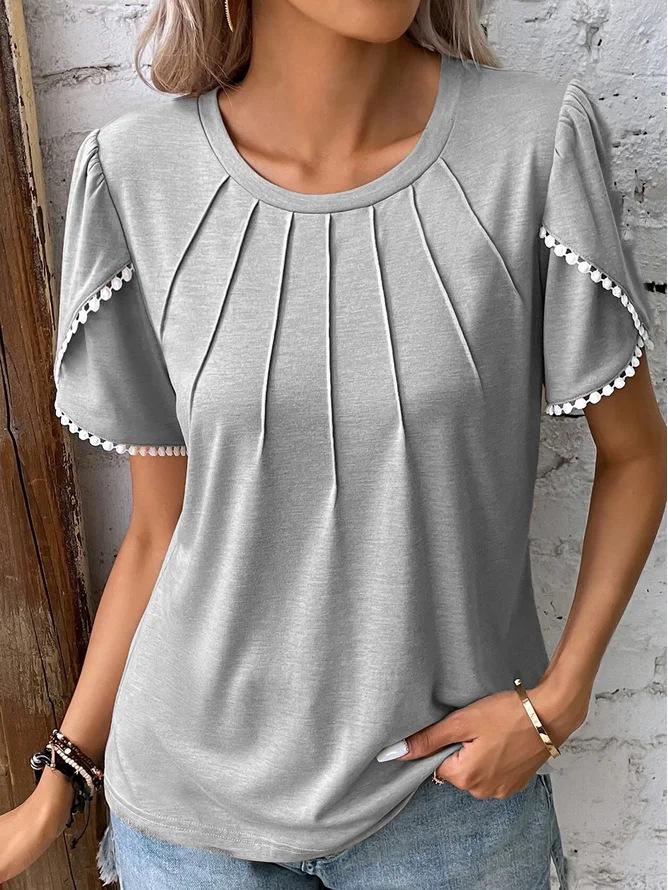 

2026 Summer Women s Round Neck Pleated Lace Casual T-shirt 5XL