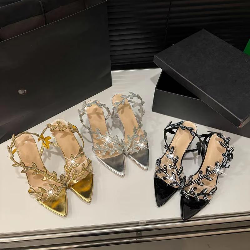Fashion Golden Patent Leather Leaf High Heels for Women In Summer 2025, One-line Sandals with Thin Heels, Pointed Toe and Exposed Toe