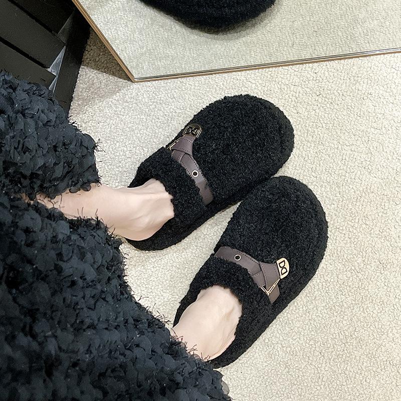 

Нишевые тапочки Мао Мао женская одежда 2025 новые осень и зима интернет-знаменитость универсальные овечья шерсть толстая подошва хлопковые тапочки 40 чёрный