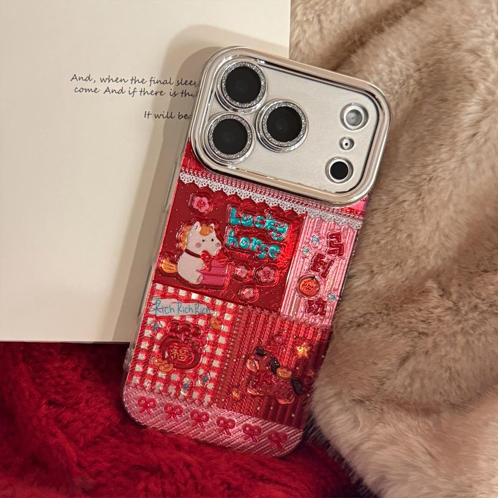 New Year red pony case suitable for Apple 17 Pro Max, iPhone 16 glitter cartoon 13 full cover hard case 15