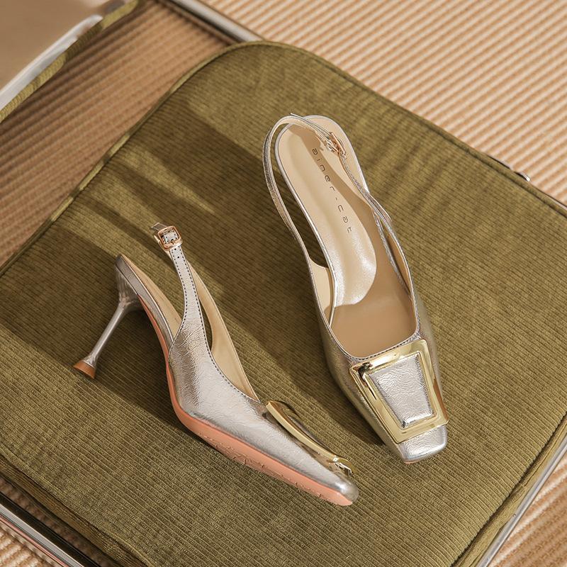 79901 [sheepskin] square head high heels women's thin heels 2025 summer new bag head word with square buckle sandals