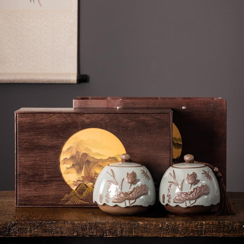 Ceramic tea cans, Ge kiln double cans, storage jars, black tea, Pu'er, Tieguanyin, green tea, tea packaging gift set