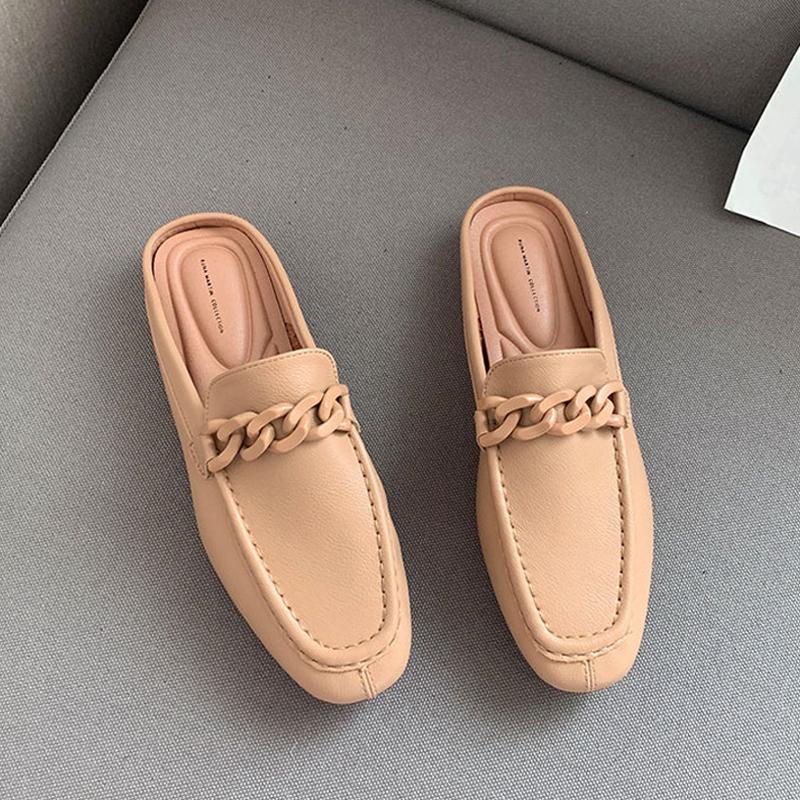 Metal Chain Summer Women Mules Slip On Flat Loafers Closed Toe Moccasins Fashion Designer Comfy Pu Leather Casual Slides Shoes