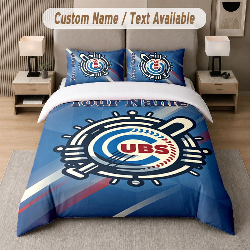 Custom Bedding Set Chicago Cubs Pattern, Print Name Text 1 Duvet Cover plus 2 Pillowcases Home Textile