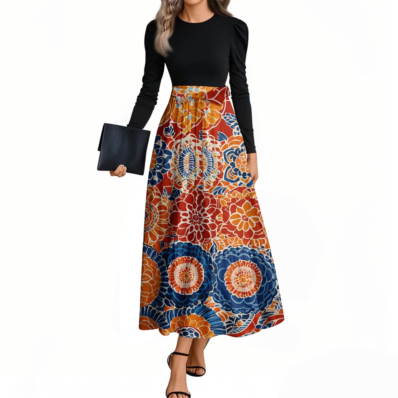 

Женские модные повседневные платья с поясом, с длинным рукавом, круглым вырезом, с цветочным принтом, элегантные, с темпераментом M шафрановый