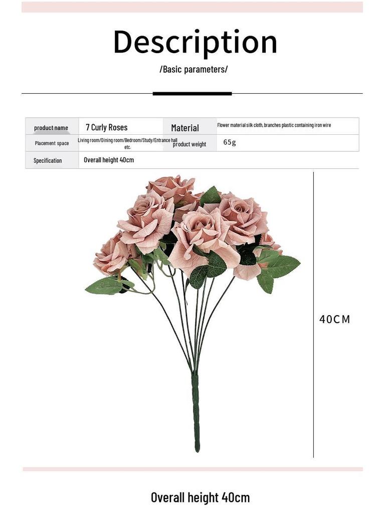 7-Head Ruffled Cappuccino Rose Bouquet - Vintage Artificial Flowers for Home or Wedding Decor