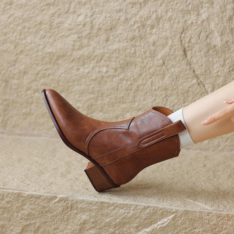 Vintage Women Genuine Leather Ankle Boots Thick Heels Pointed Toe Shoes Woman Retro Chelsea Short Boots Office Lady 2024 New