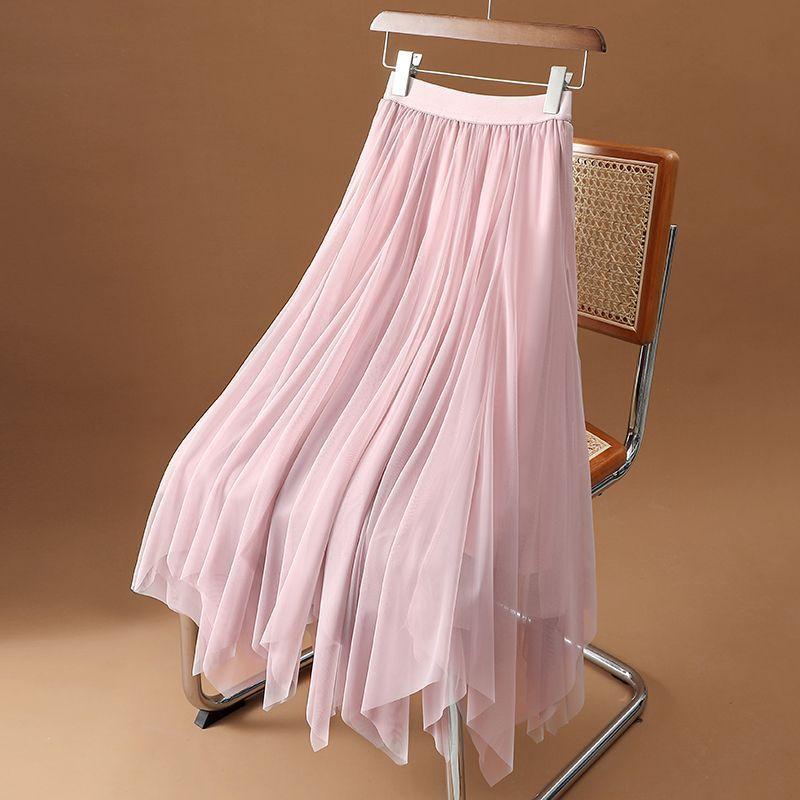 Women's Summer High-Waist Irregular Flowing Sheer Midi Skirt - Elegant Fairycore Long Skirt with Premium Shine