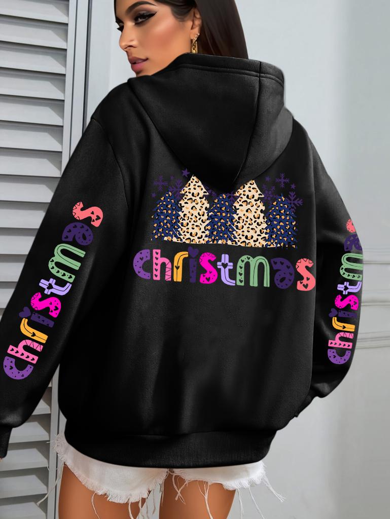 Merry Christmas Leopard Trees Printing Hoodie Women Hip Hop All-Match Streetwear Casual Loose Hoodies Fleece Autumn Woman Hoody