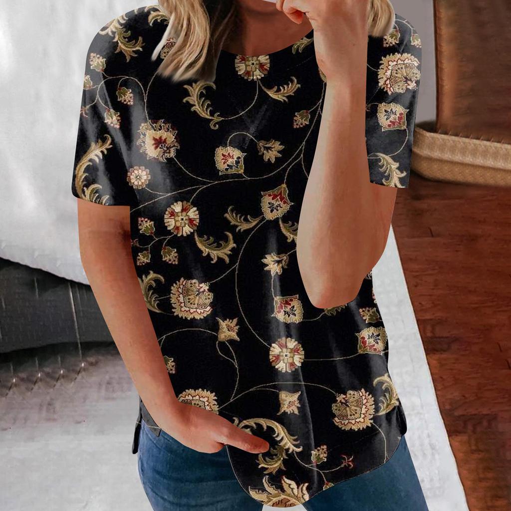 Damen bedrucktes Kurzarm-Rundhals-Retro-Kurzarm-Sommer-Lose-Top, Oberteile, Damen-Sommer-T-Shirts