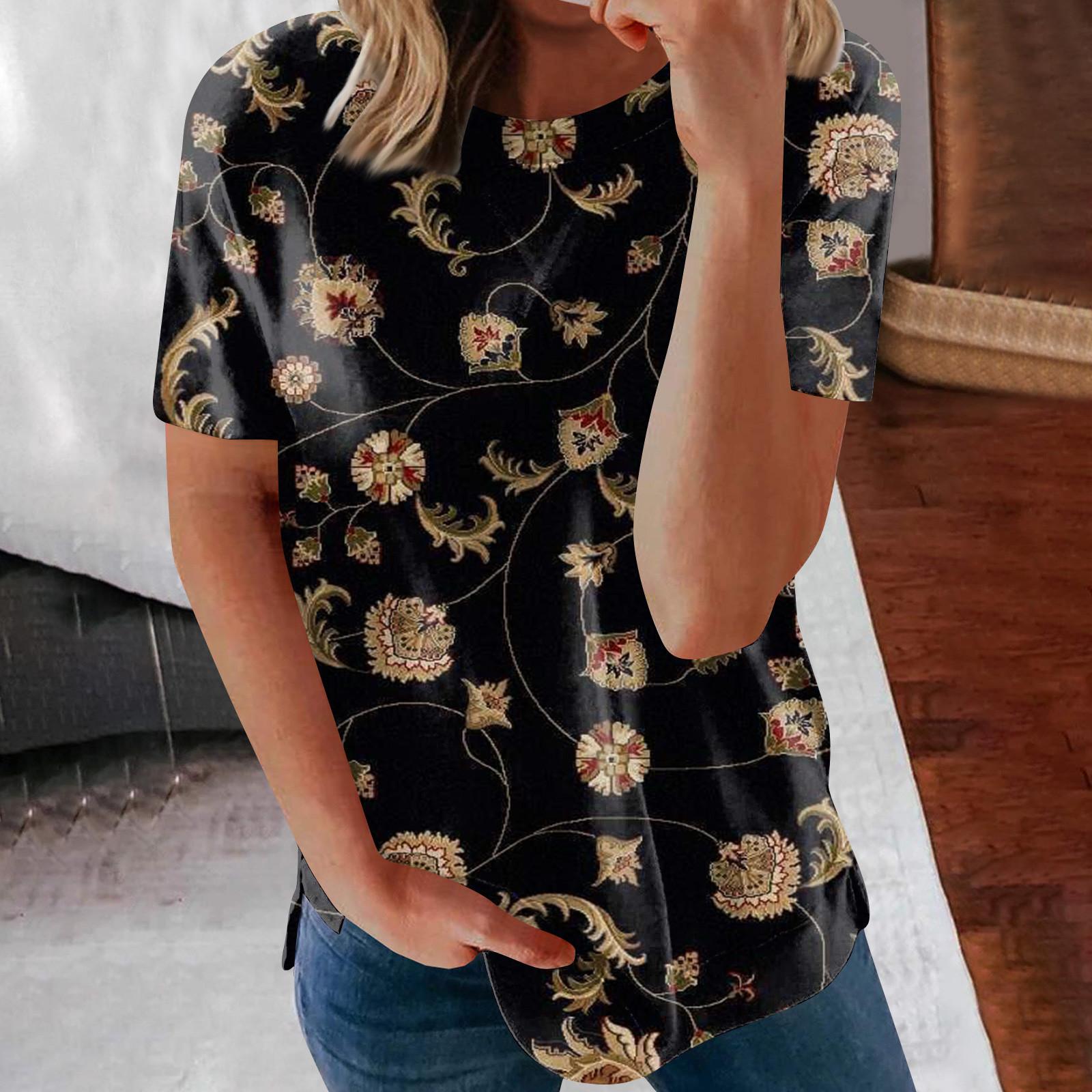 Women s Printed Short Sleeve Round Neck Retro Short Sleeve Summer Loose Tops Tops Women s Summer T-Shirts XL чёрный