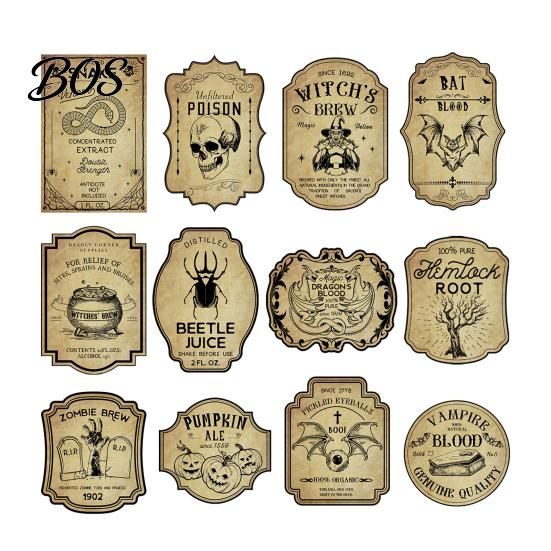 Dekoracyjne Etykiety na Imprezę 12 Sztuk Halloweenowe Etykiety na Butelki Wina, Vintage Retro Naklejki z Czarownicą Czaszką Nostalgiczne Papierowe Owijki Nietoperz Dynia Design,