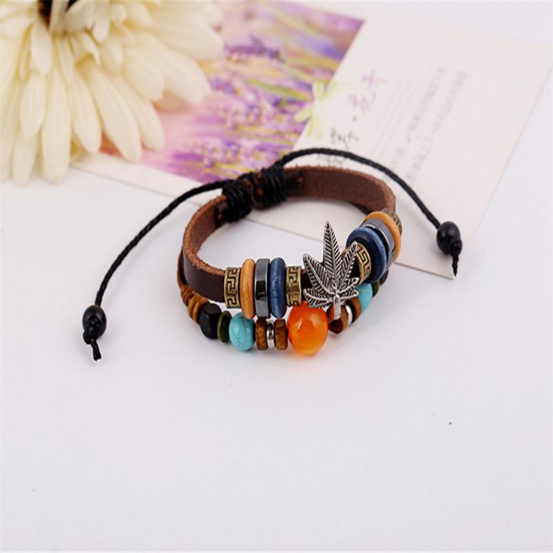 Unisex Retro Beaded Maple Leaf Cowhide Leather Bracelet