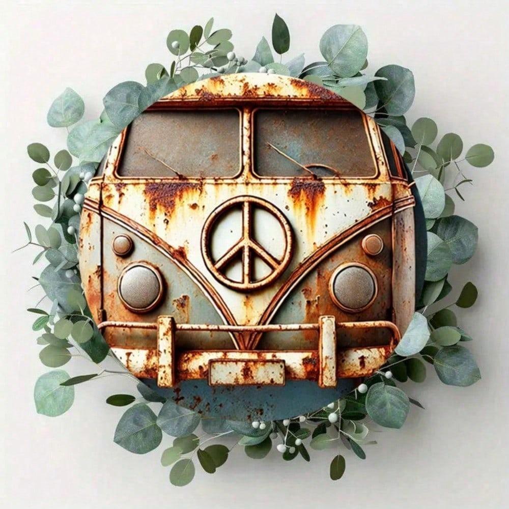 Iron Wall Art Vintage Camping Car Round Metal Sign Peace Symbol Home Decor Gift