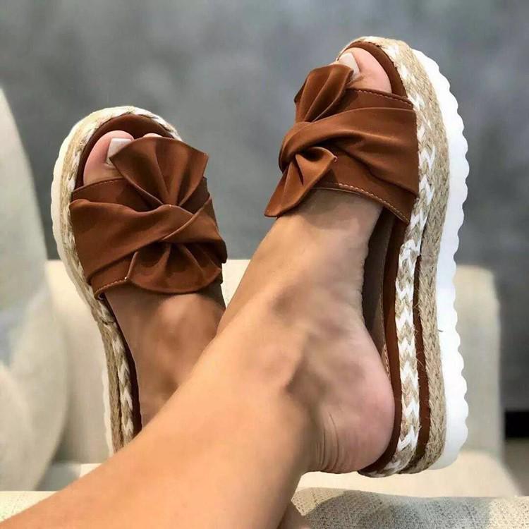 2022 Summer European & American Bow Beach Women's Wedge Slippers with Thick Sole & Hemp Rope, Plus Size Available