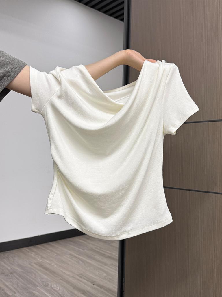 Gentle folds irregular one-word collar off-the-shoulder short-sleeved T-shirt women's summer new niche design top