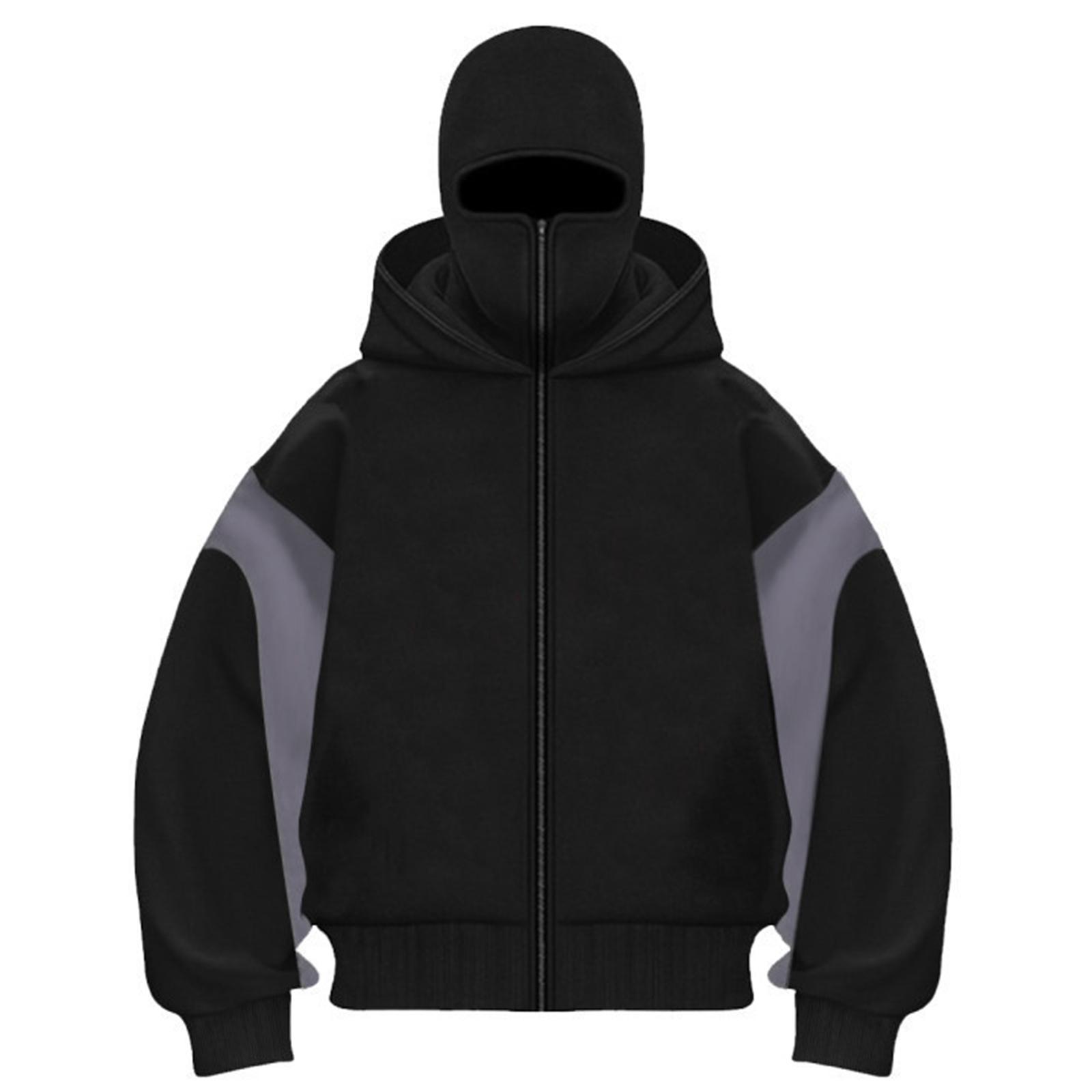 

Mens Balaclava Hoodie Double Hooded Zip Jacket Spring Hoodie For Men Windproof Streetwear L