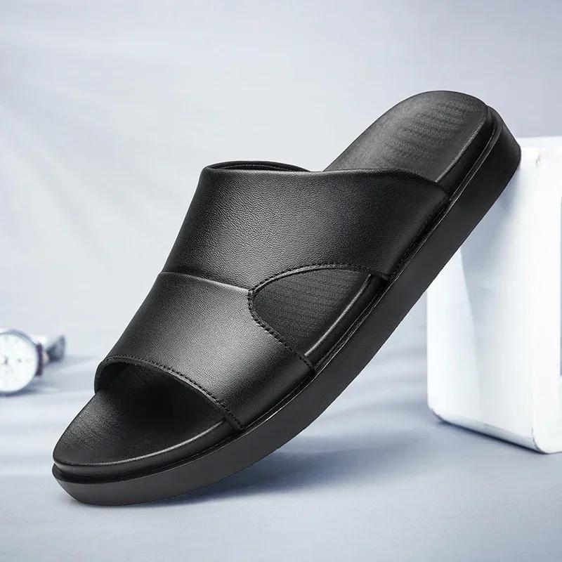 Fashion Luxury Mans Slippers Genuine Leather Men's Summer Shoes Casual Beach Slipper Outdoor Male Home Flip Flops Soft Breathable Shoes