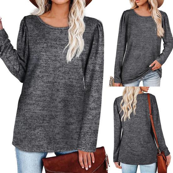 

Сплошной цветной женский топ с длинным рукавом и круглым вырезом, плиссированная туника, блузка, пуловер