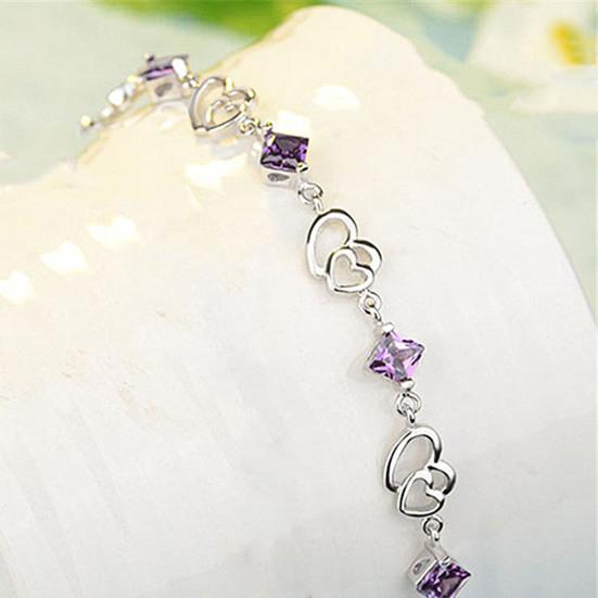 Shining Hollow Women Bracelet Alloy Plating Heart-shaped Purple Rhinestone Bracelet Jewelry Accessory