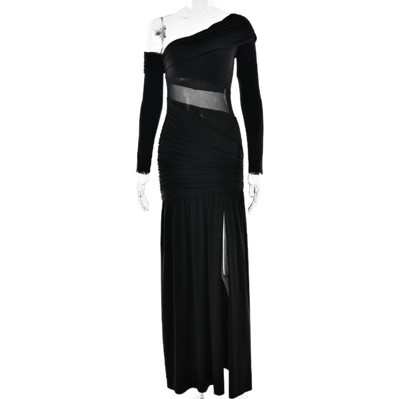 Abito Lungo Sexy da Donna Europeo e Americano Monospalla Vita Piegata Trasparente Off Shoulder in Rete
