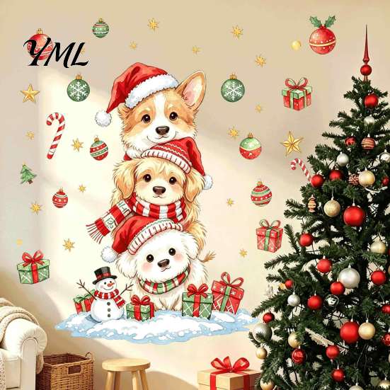 Indoor Christmas Wall Ornaments Decals, Watercolor Stacked Dogs Stickers, Self?Adhesive PVC Xmas Holiday Decor for Living Room Puppy Stickers