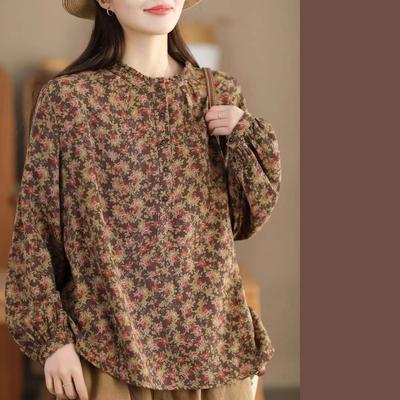 Frühlings- und Herbst-Doppellagen-Baumwoll-Garngefärbtes Bedrucktes Hemd Damen Rüschenkragen Floral Langarm-Pullover Literarisches Hemd