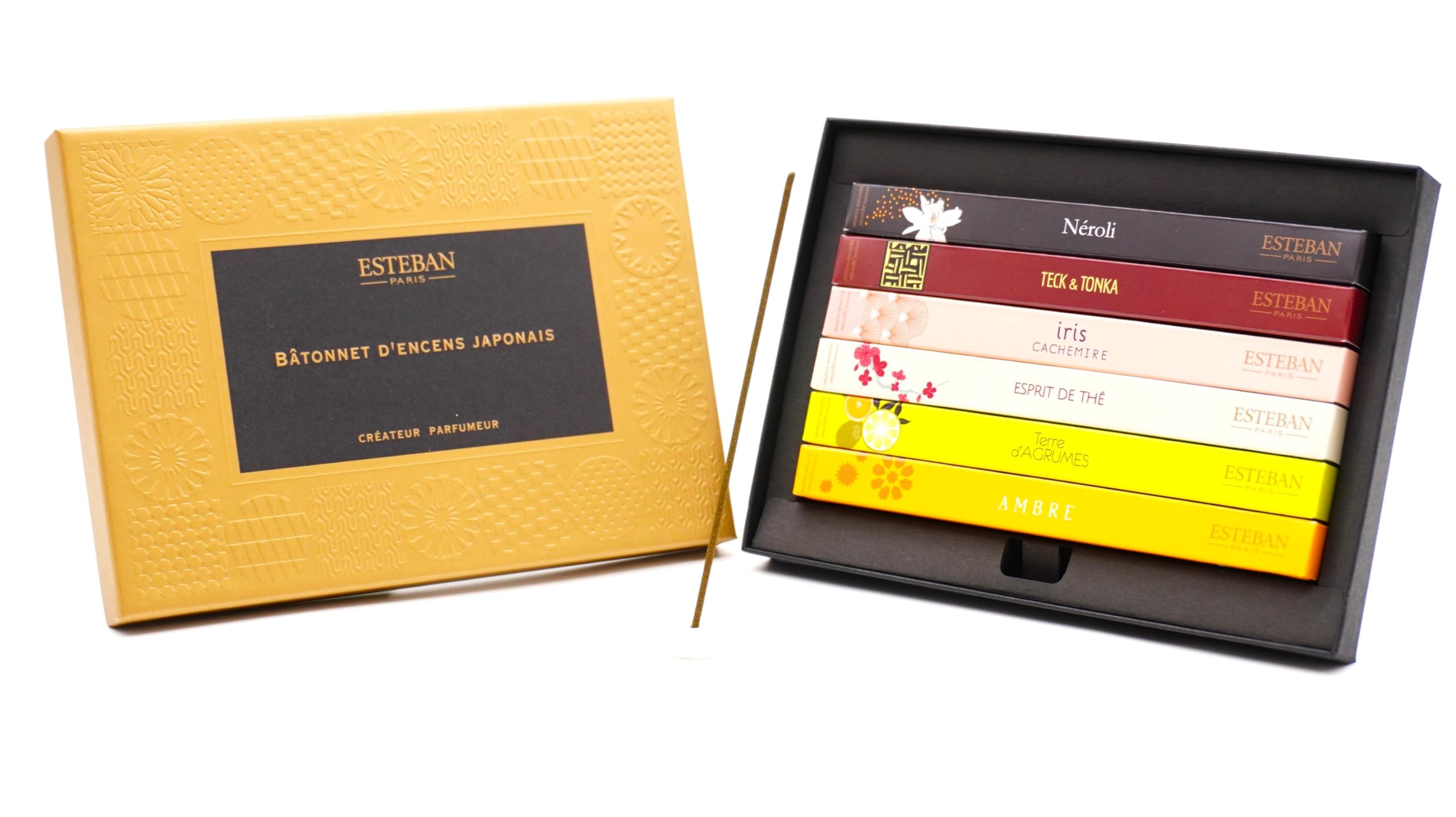 

Assortment of 6 Esteban incense includes 10 sticks each of Esprit de Terre Orchidee and Amber [ESTEBAN] sticks, Neroli, Tekketonka, Te, d Agrume,