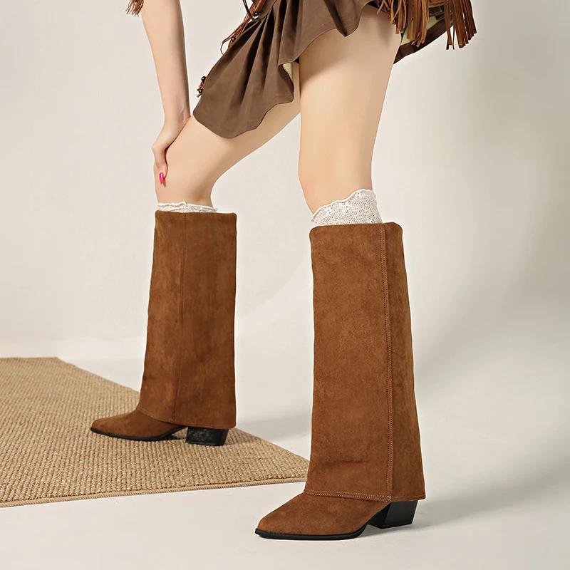 Fashion Splicing Women Knee High Boots Square Heels Party Stripper Shoes Ladies Autumn Winter Pointed Toe Long Booties