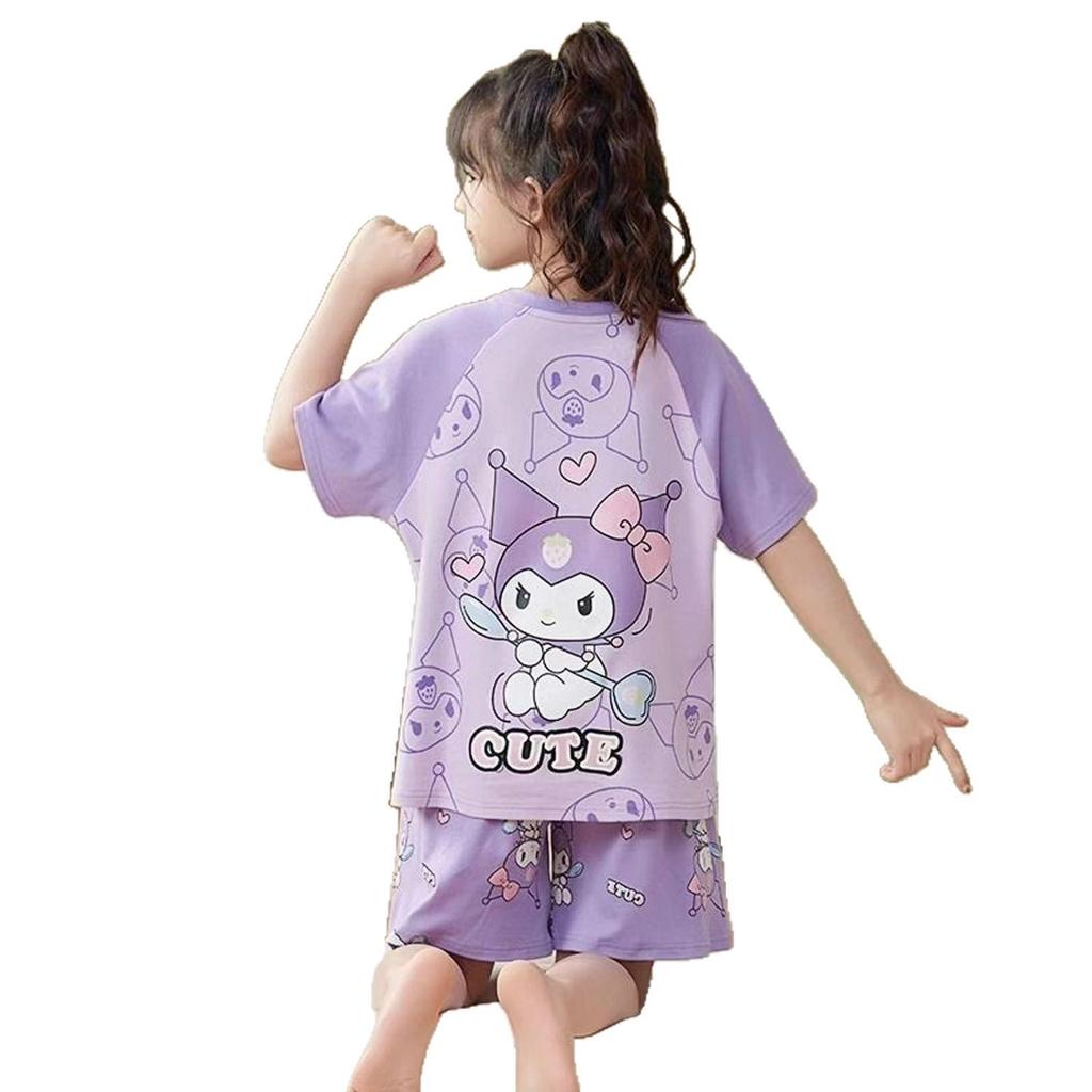 Cartoon Girls' Short-Sleeve Summer Pajama Set for Medium To Large Children - Two-Piece Air Conditioning Suit