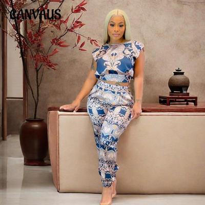 Women's Printed Lace-up Fashion Short Sleeved Temperament Casual Two Piece Suit