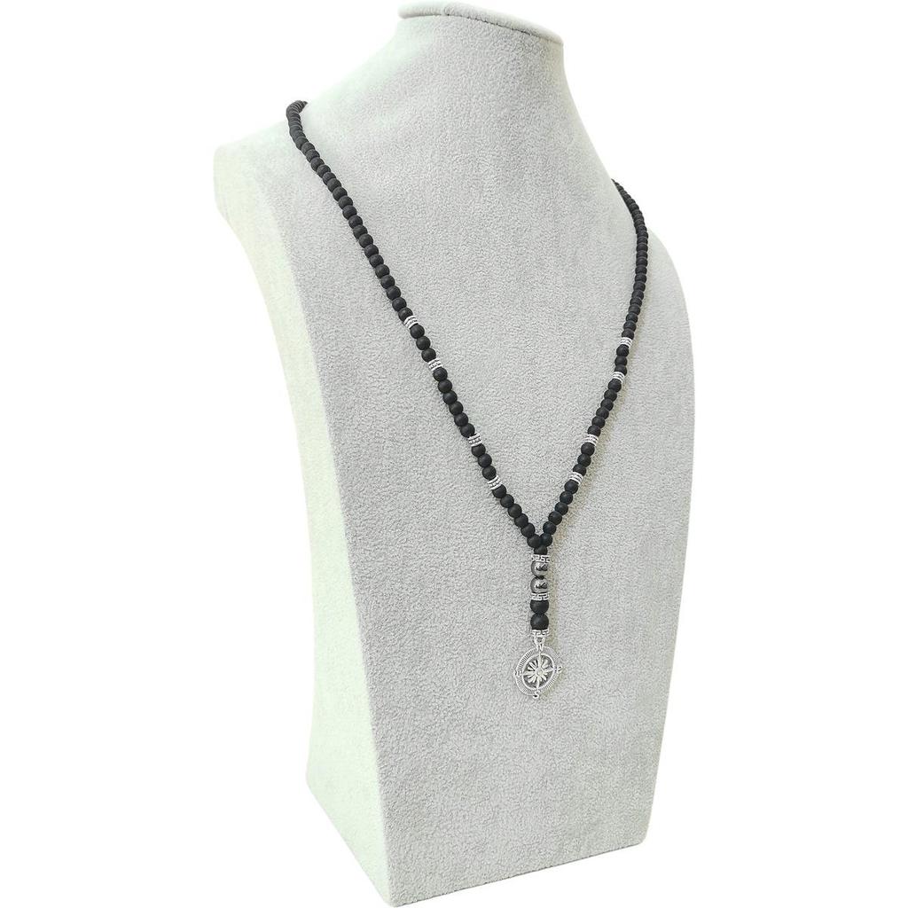 Matte Black Agate Alloy Compass Pendant Necklace - Simple Classic Yoga Design