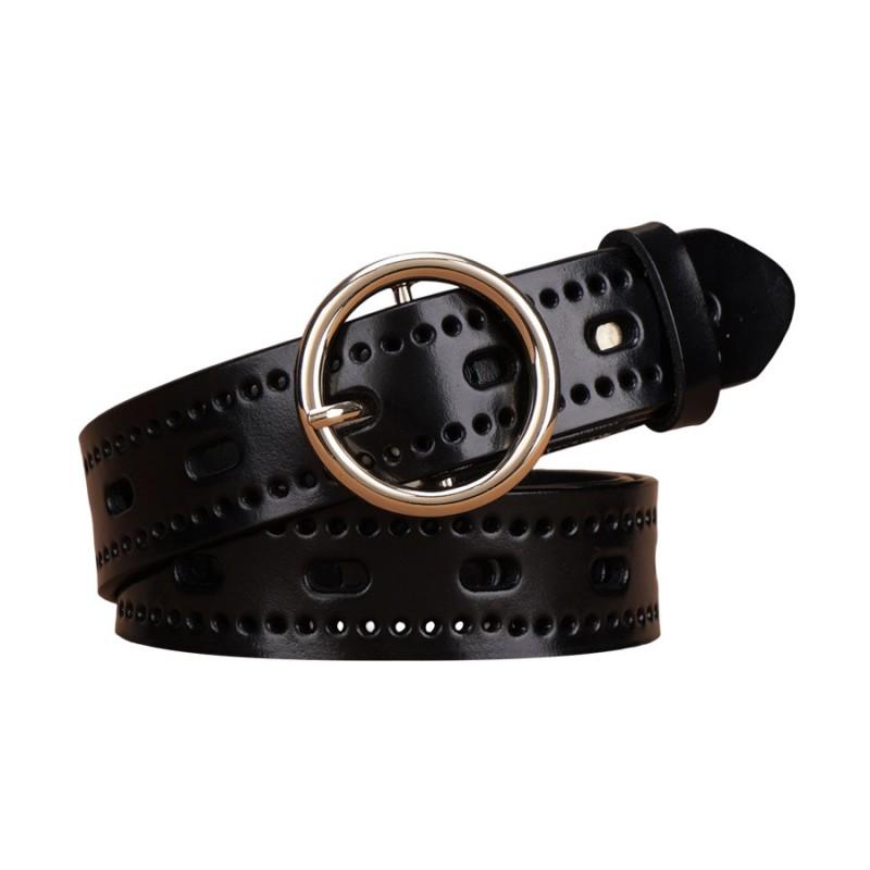 Womens Genuine Leather Belt With Cutout Design Slim Waistband Jeans Black Coffee Color Alloy Buckle 2-4cm Width