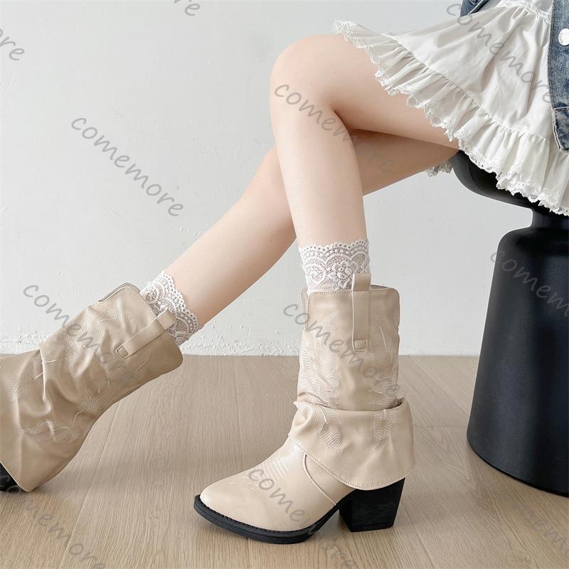Fashion Comemore Vintage Autumn Thick High Heels Women Western Cowboy Mid-calf Boots Fashion Ladies Slip On Embroidery Short Booties
