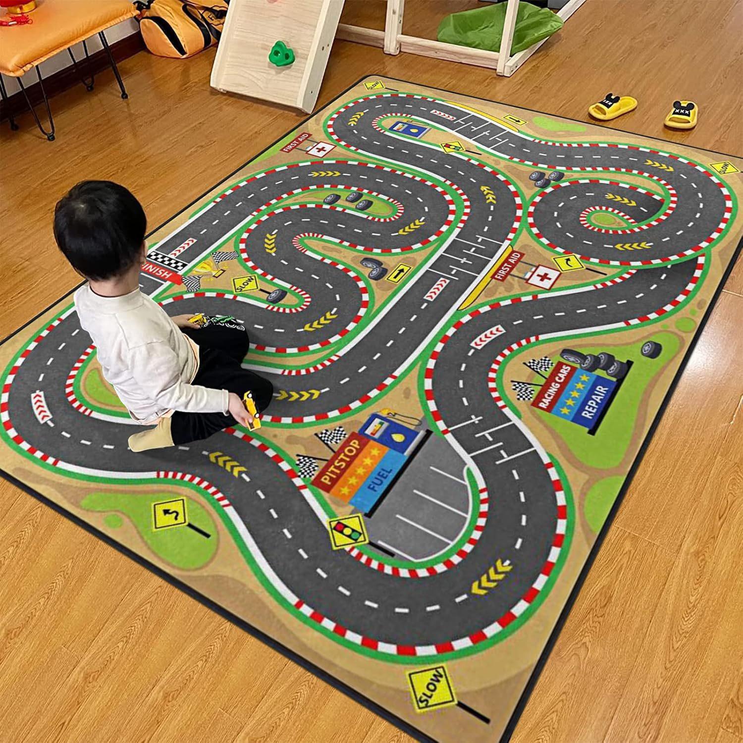 Kids Car Racing Track Carpet Mat Rug Home Decoration Race Track Playmat Area Rug Play Floor Mat Bedroom Living Room Game 40X60CM