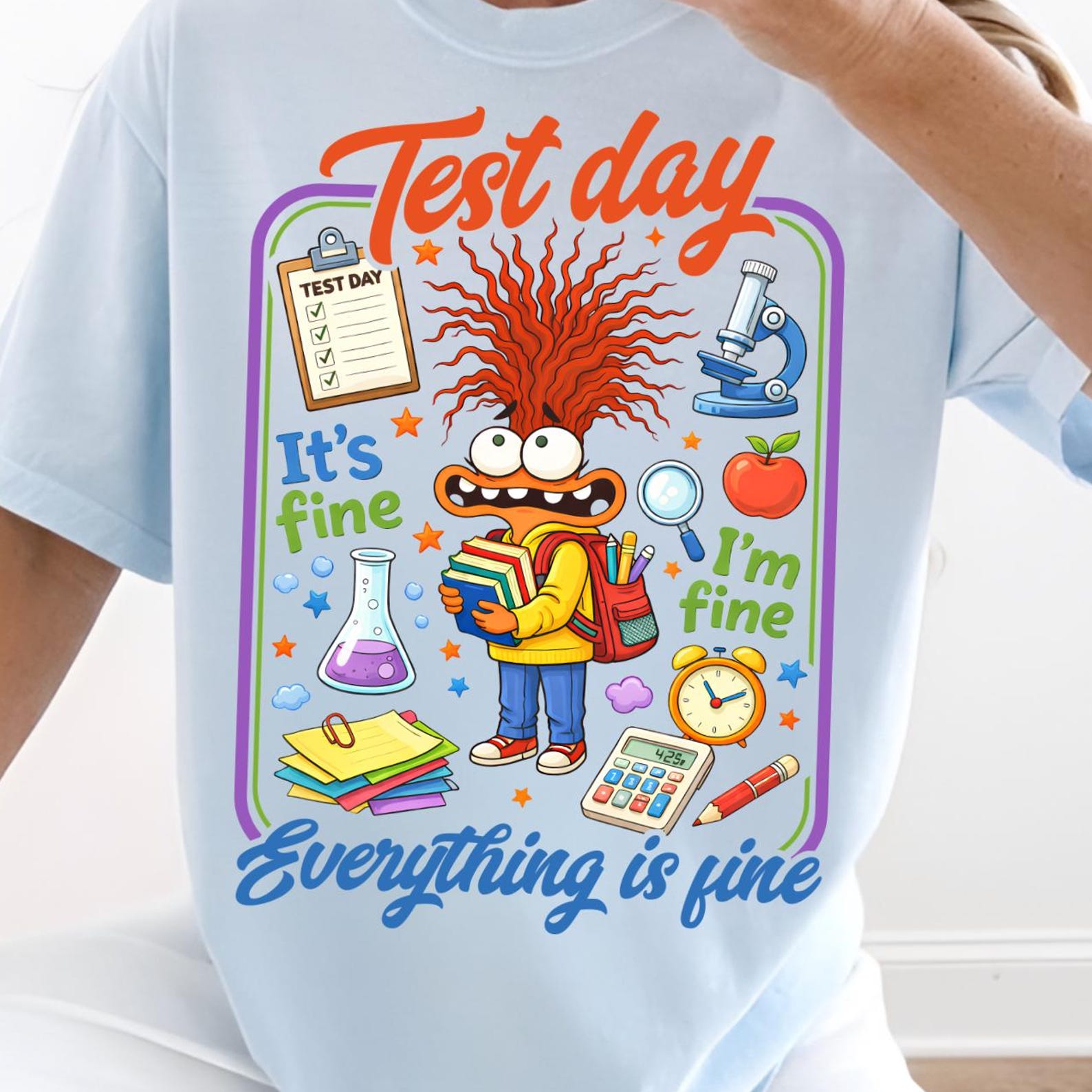 Test Day Shirt, It s Fine I m Fine Everything Is Fine, Cartoon Teacher Testing Shirt, Staar Day Shirt, End Of School Shirt, School Matching 2XL